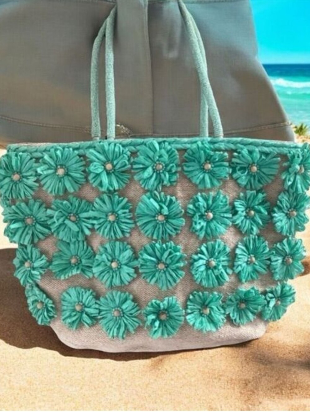 Anthropologie Turquoise Daisy Flower Embellished Burlap Beaded Beach Tote Bag